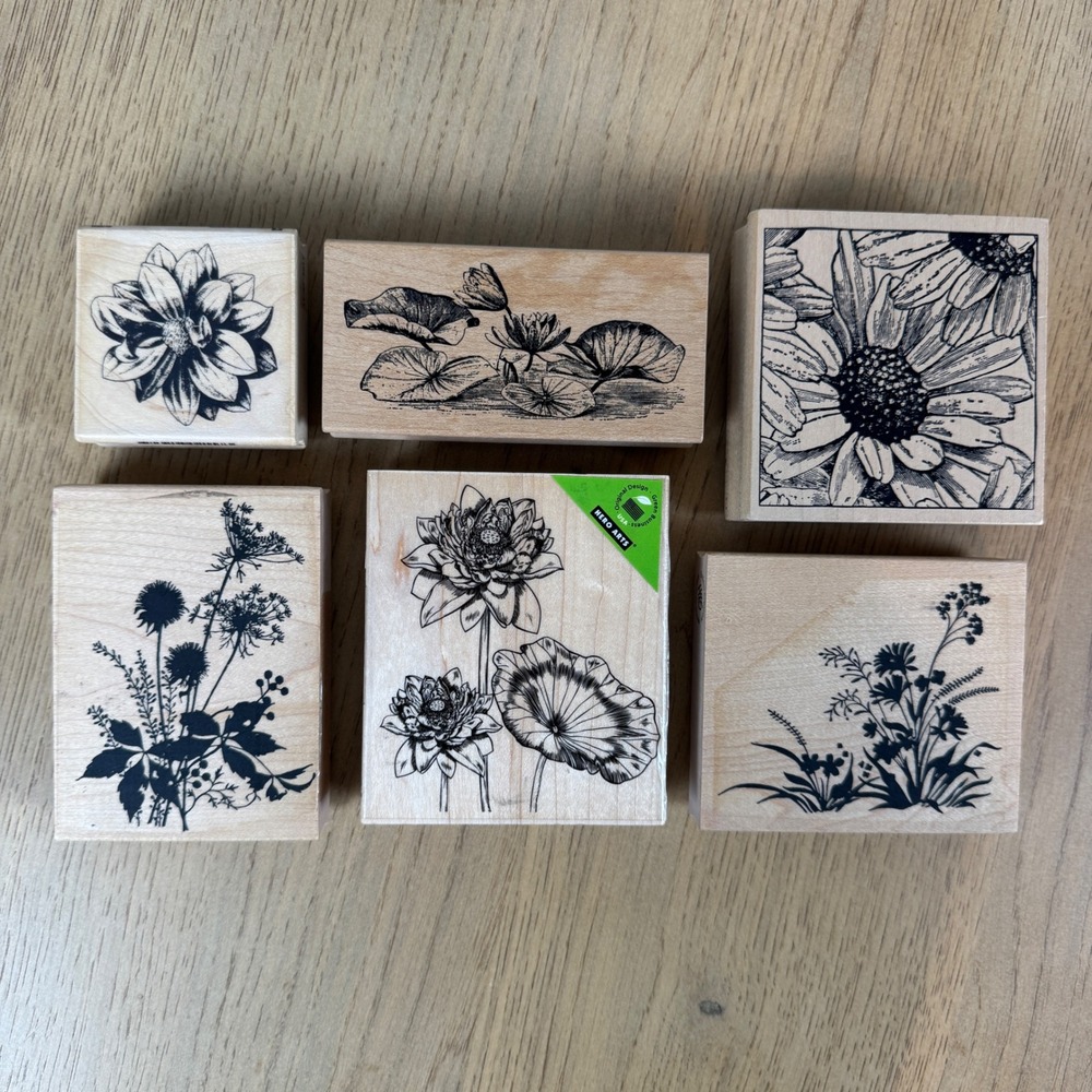 Vintage Wildflower Rubber Stamps Lot 6 Oversized Wood Mounted Floral Bundle
